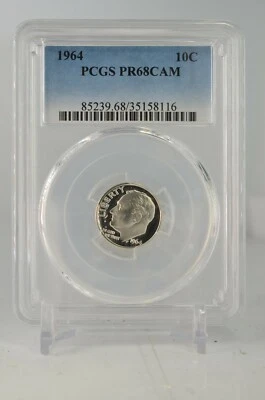 PR68CAM 1964 PCGS GRADED PROOF SILVER ROOSEVELT DIME FROSTED CAMEO COIN PR 68 - Image 1 of 4