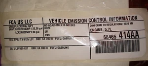Dodge OEM 2020 RAM Vehicle Emission Control Information Label 68465414AA NIP - Bild 1 von 2