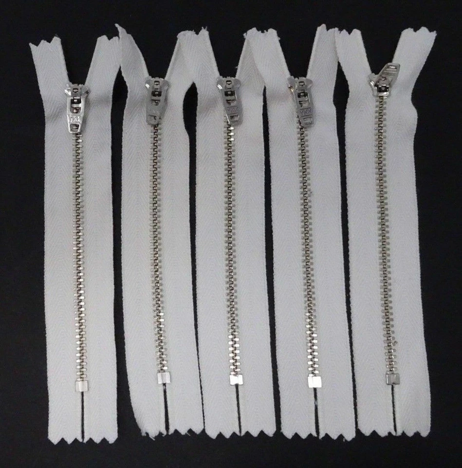 YKK Close-End White Zipper, Shiny Nickel Metal Teeth 5" - 3 zippers - Image 1 of 2