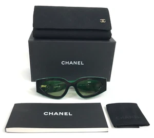 Chanel Sunglasses 6056 c.1772/4E Black Green Cat Eye Frames Bottle Green Lenses - Picture 1 of 13