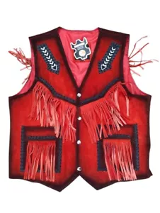 Men Native Traditional Western Cowboy Leather vest Fringe & Beaded - Picture 1 of 3