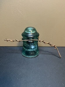 Antique Hemingray No 9 Blue Glass Insulator With Wire And Post End Teal Green - Picture 1 of 7