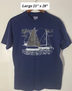 Vtg 1990 Blue Sailboat Graphic Texture Gold Sail Large T-Shirt Single Stitch USA - Picture 1 of 7