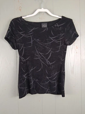 Vintage 80s Black Ponte Slinky Top S Floral Glitter Fairycore Whimsigoth Grunge - Image 1 of 4