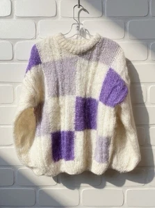 Vintage 80s Pitlochry Scottish Mohair Wool Purple Lavender Block Sweater New M/L - Picture 1 of 5