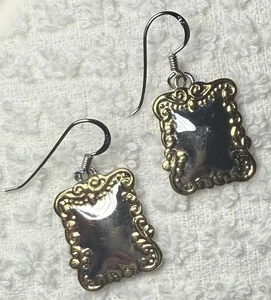 Earrings 925 Sterling Silver Pierced Drop Dangle Rectangle Delicate Ornate 3gm - Picture 1 of 5