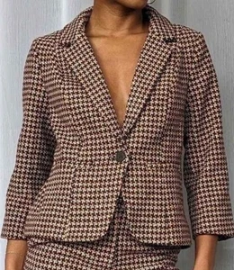 ModCloth Informed Ensemble Blazer Size 2X Brown Houndstooth Tweed Wool Blend - Picture 1 of 10