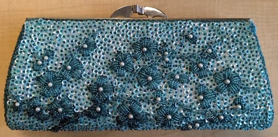 RARO VINTAGE Cartera sin asas azul aguamarina con cuentas graduación formal boda única Foto 1 de 4