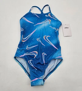 Nike Gilrls' Swim Aurora Swoosh Swimsuit Size Small Blue Galaxy NESSE760-459 - Picture 1 of 11