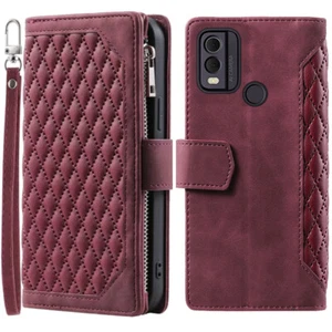 Nokia C22 Rhombic Leather Wallet Case Zipper Flip Card Phone Case For Nokia C22 - Picture 1 of 44