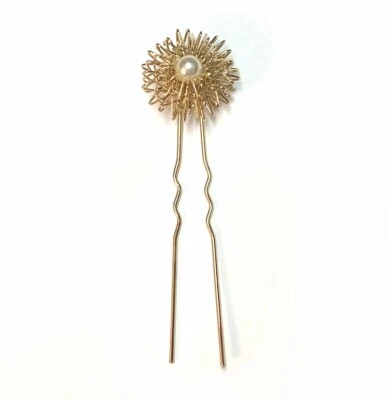 Women Large Hair Pin Double Prong Curved U Stick Bun Hold Pearl Flower Boho Chic - Image 1 of 3