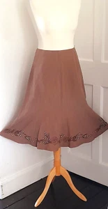 PHASE EIGHT Flared khaki beige Skirt Sz 12 Silk Linen Embroidered boho Beaded   - Picture 1 of 10