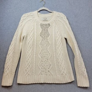 J Crew Sweater Womens Medium Beige Cable Knit Rhinestone Embellished Pullover - Picture 1 of 10