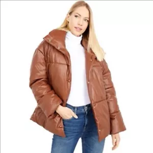 NEW Avec Les Filles Vegan Leather Quilted Puffer Jacket Size 1X Saddle Brown - Picture 1 of 14