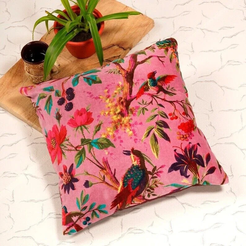 Funda de cojín de terciopelo rosa con estampado de pájaros 2 piezas nueva hecha a mano 18x18" fundas de almohada Foto 1 de 2