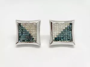 14k White Gold Fancy Blue Princess Cut Diamond Square Earrings - Picture 1 of 6