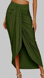 Shein Damen Maxirock Schlitz Wickel asymmetrisch drapiert olivgrün Gr. S neu ohne Etikett - Bild 1 von 8