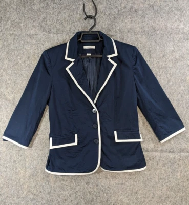 Chaqueta Dressbarn Mujer Pequeña Azul Marino Elastizada Blanco Borde Forrado Almohadillas para los Hombros Foto 1 de 4