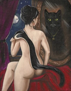 8x10 HALLOWEEN PRINT OF PAINTING RAVEN RYTA BLACK CAT WITCH HAUNTED Gothic Art - Picture 1 of 1