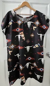 Alexander Henry Southwest Aztec Bull Pattern Shift Black Side Slit Dress Sz XL - Picture 1 of 14