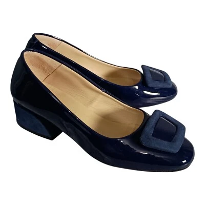 Girotti Heels 4 - 5 Womens Blue Classic Patent Leather Pump Block Round Toe Low - Image 1 of 4