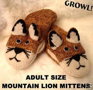 MOUNTAIN LION MITTENS cougar FLC LINED puppet ADULT puma animal mens women glove - Picture 1 of 7