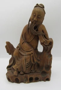 Vintage Chinese carved boxwood resting scholar statue 7.75” wood figure sitting - Picture 1 of 14