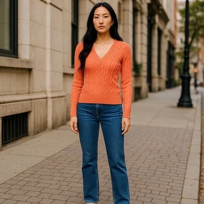 Suéter Ralph Lauren Etiqueta Negra Talla Pequeña Naranja Cachemira Tejido con Cable Calce Ajustado Foto 1 de 4