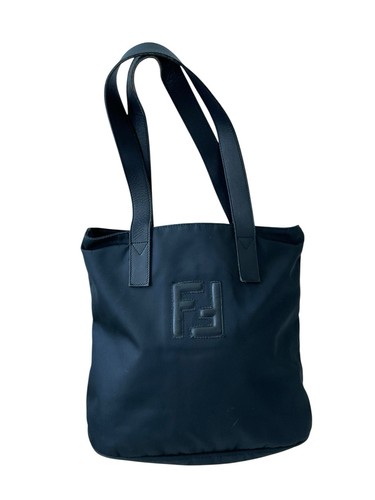 Borsa a tracolla FENDI nera tote bag nylon pelle logo cravatte