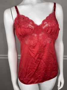 VINTAGE CAMISOLE SILKY RED nylon lace CAMI TOP BY SHADOWLINE 38” sexy - Picture 1 of 8