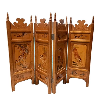Vintage Asian 4 Panel Tabletop Folding Screen Carved Wood Handpainted Tigers - Image 1 of 4