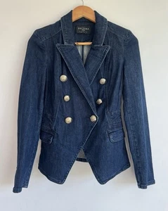Decjuba Denim Jacket Womens Size 8 Dark Blue Blazer Stretchy Military Buttons - Picture 1 of 4