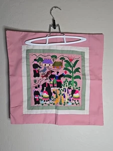 HMONG Embroidered Story Pillow Case Handmade Folk Art 16.5”x 16” Village Life - Picture 1 of 9