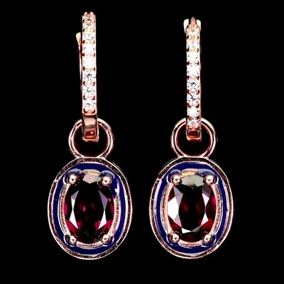 Pendientes de plata de ley 925 ovalados rodolita granate 7x5 mm piedras preciosas esmalte joyería Foto 1 de 4