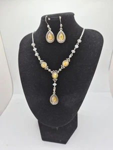 Vintage Avon SH signierter Kunstbernstein Träne goldfarben 15" Lariat Halskette Ohrringe - Bild 1 von 5