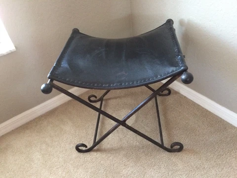 Vintage Antique Leather Saddle Hand Forged Wrought Iron Folding Bench Stool Rare Cover