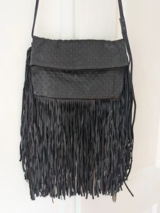 Barbara Bonner Black Leather Fringed Clutch Handbag - Picture 1 of 6