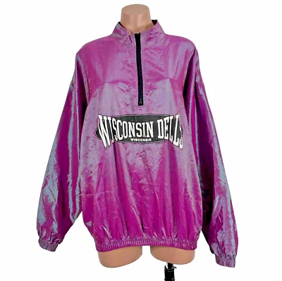 VINTAGE Purple Green Iridescent Pullover 80s Wisconsin Dells 1/4 Zip Jacket O/S - Image 1 of 4