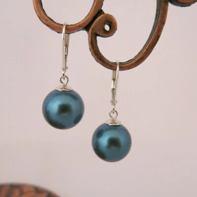 Ohrringe in Petrol - Blau/Grün/Türkis aus MuschelkernPerlen Rund 12mm TOP - Bild 1 von 4