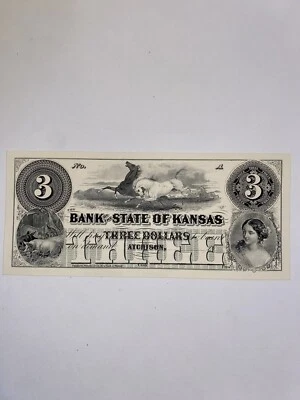 The Bank Of The State Of Kansas Atchison $3 1980 ABNC Reprint proof - Image 1 of 2