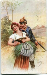 Künstler-AK Arthur Thiele, Soldat, Pickelhaube, Gewehr umfasst Mädchen 1908 - Picture 1 of 1