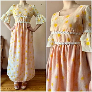 Vintage 60s Cottagecore Flower Power Dress - Ruffled Prairie Maxi - Hippie Boho - Picture 1 of 10