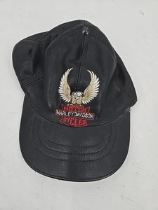 VINTAGE Harley Davidson cappello berretto strapback pelle nera ricamato aquila - Foto 1 di 7