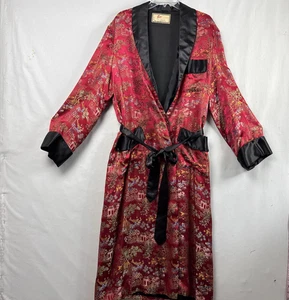Bata de cigarro Solz ardilla kimono bordada talla 50 rojo negro ribete asiático satinado - Imagen 1 de 10