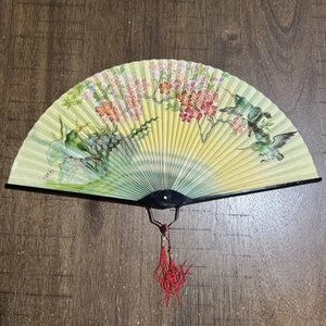 Vintage Oriental Paper Folding Hand Fan Hummingbirds Tassels in EUC - Picture 1 of 7
