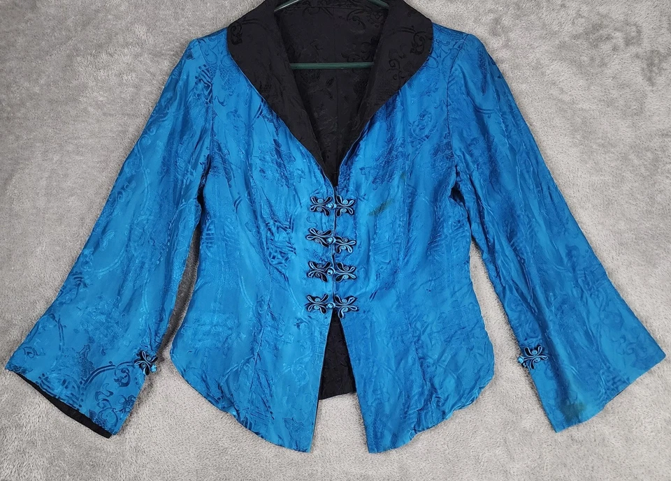 Chaqueta Old Shanghai Mujer Mediana Azul Negro Brocado Rana Asiática Botón Abrigo Foto 1 de 4