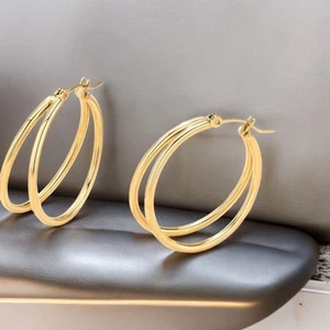 NEW 18K yellow gold plated double hoop hollow earrings jewelry B25A - Picture 1 of 7