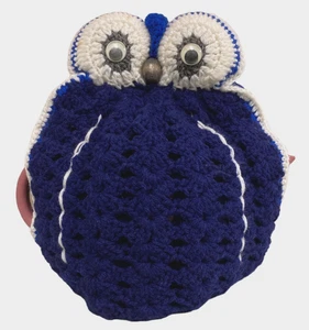 Owl Design Tea Cosy 6-8 Cup Hand Crochet Medium Size Wool  Blue White  28 x 20cm - Picture 1 of 11