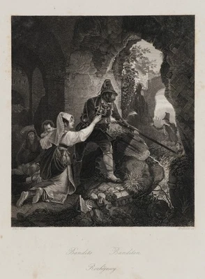 Banditen im Hinterhalt, Stahlstich Romantik Genre 1800-1849 Unbekannt (19.Jhd) - Bild 1 von 4