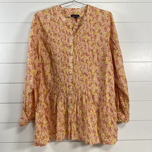 Lands' End Shirt Damen 2X rosa gelb Blumen Knopfleiste Biesen Langarm - Bild 1 von 12